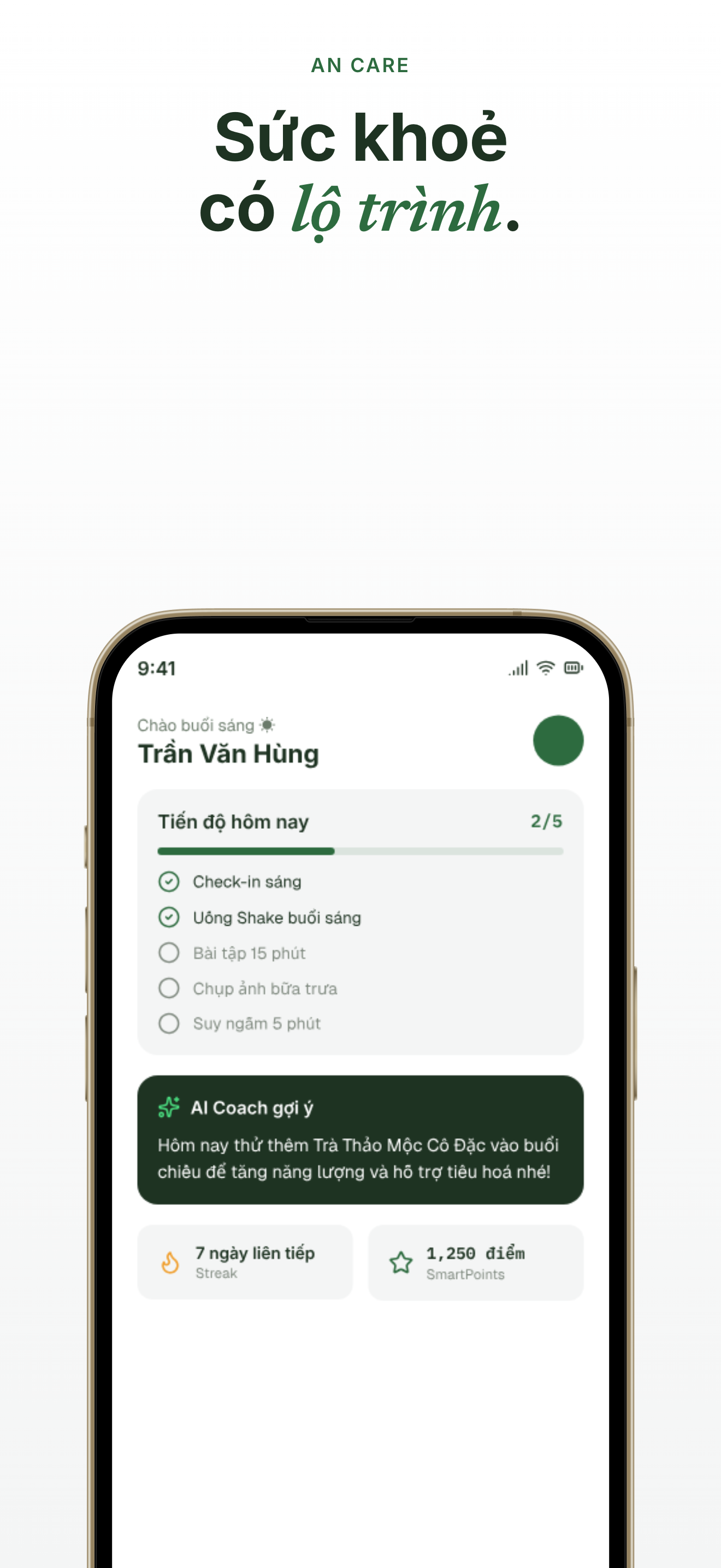AN Care — màn hình lộ trình hôm nay với streak, điểm SmartPoints và gợi ý của AI Coach